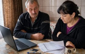 Doi contribuabili completează online plata taxelor locale, la masa din bucătărie